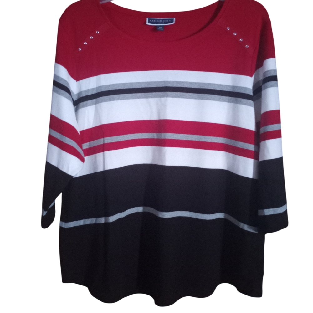 Karen Scott Red/White/Black/Gray 3/4 Sleeve Blouse Top Size 3X
